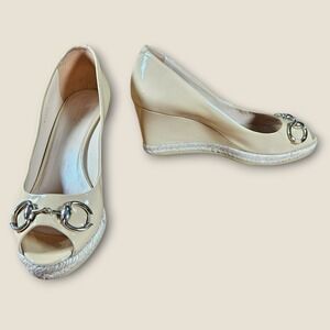 Gucci Espadrille Wedge Heels Patent Leather Horsebit Detail Size 37.5